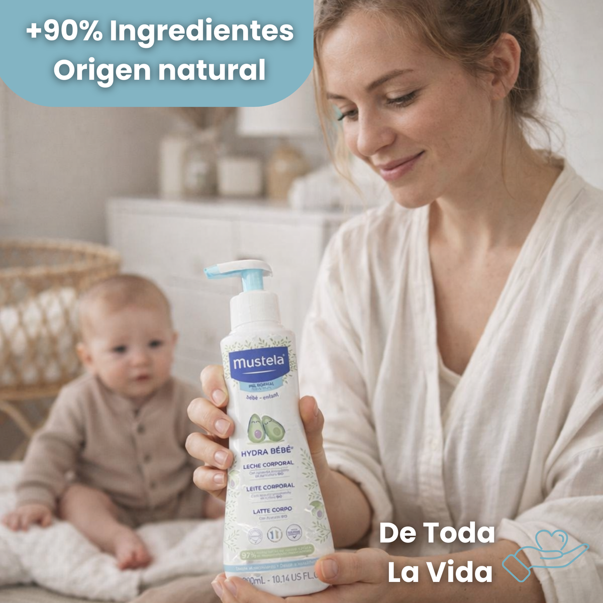 Leche corporal bebé Mustela Hydra Bébé con +90% ingredientes naturales, cuidado diario para piel sensible