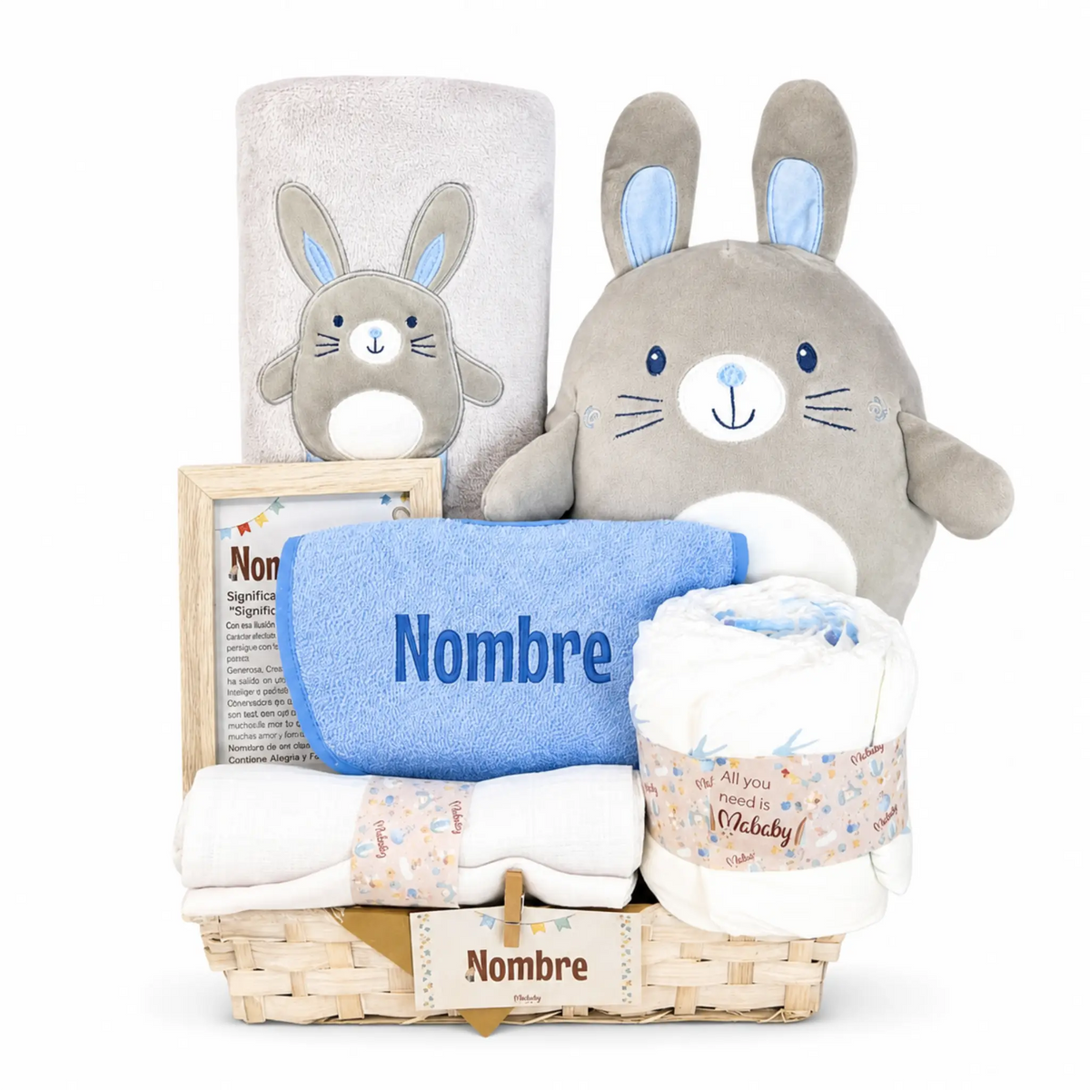 Cesta regalo bebé niño con conejo, toallas y manta personalizable, ideal para nacimiento o bautizo