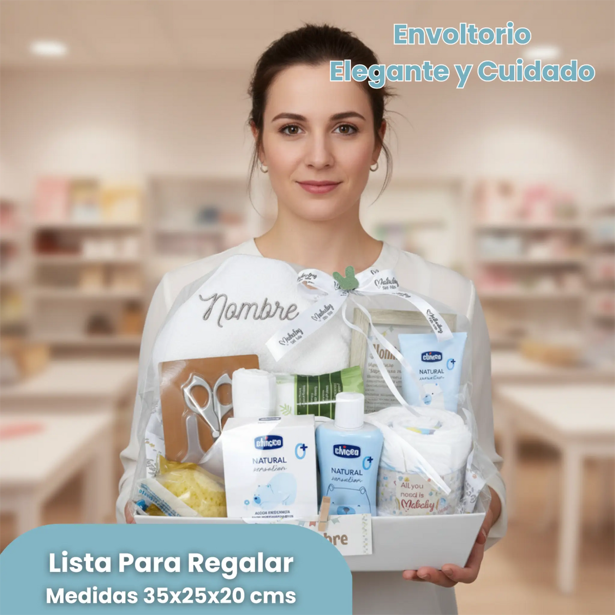 canastilla aseo bebé unisex con manicura y pañales