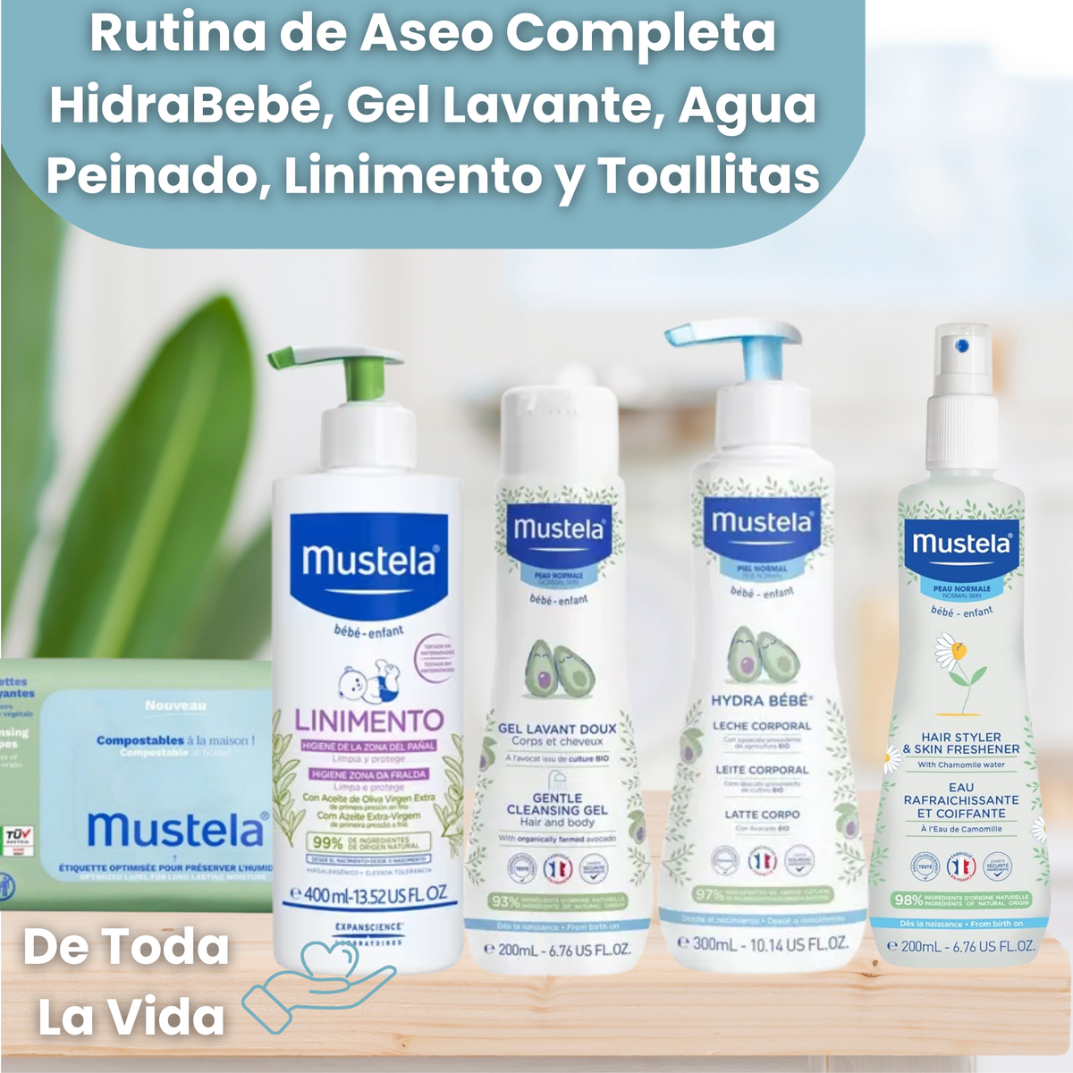 Rutina de aseo completo para bebé Mustela: gel lavante, leche corporal, agua de peinado y toallitas hipoalergénicas