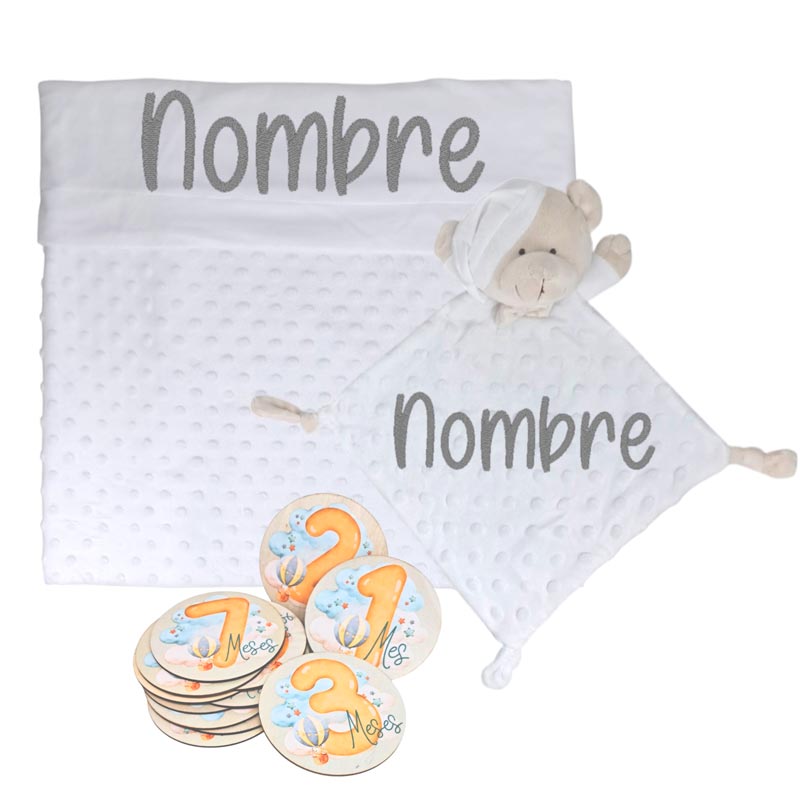 Manta y Dou dou con Placas Fotograficas de Hitos - Cestas y canastillas para bebes | Mababyshop - Manta y Peluche