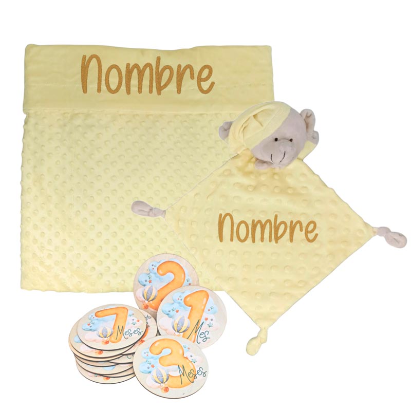 Manta y Dou dou con Placas Fotograficas de Hitos - Cestas y canastillas para bebes | Mababyshop - Manta y Peluche