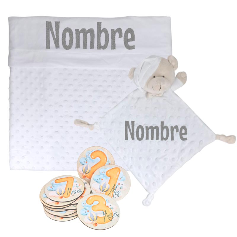 Manta y Dou dou con Placas Fotograficas de Hitos - Cestas y canastillas para bebes | Mababyshop - Manta y Peluche