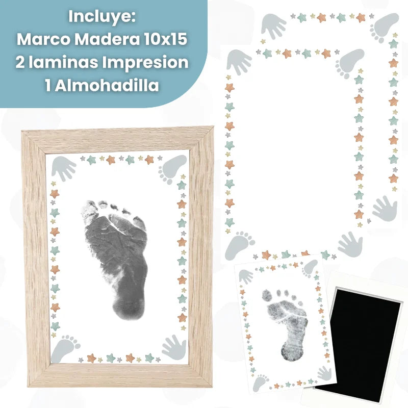 Marco madera para huella bebé niño o niña con estrellas y manitas, regalo nacimiento personalizable