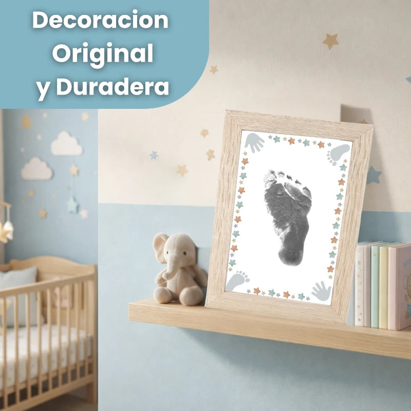 Huella de bebé en marco madera, decoración original para habitación niño o niña, regalo nacimiento