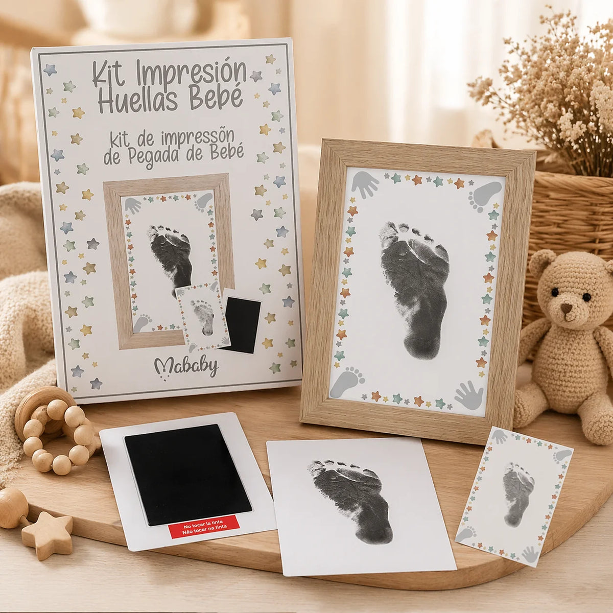 Kit impresión huellas bebé con marco y plantillas, regalo nacimiento niño o niña, recuerdo primeras huellas