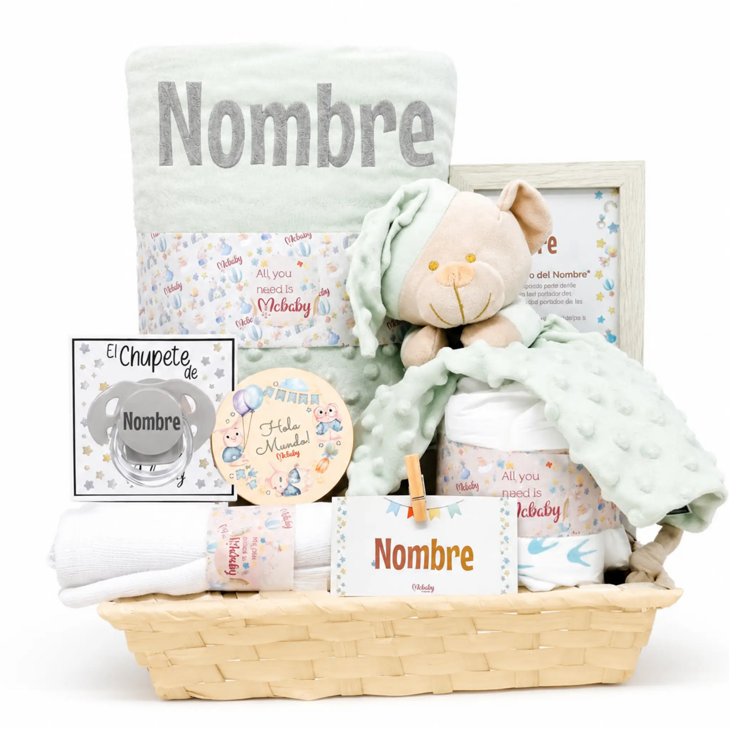 Canastilla Bebé Personalizada Menta Con Manta Bordada