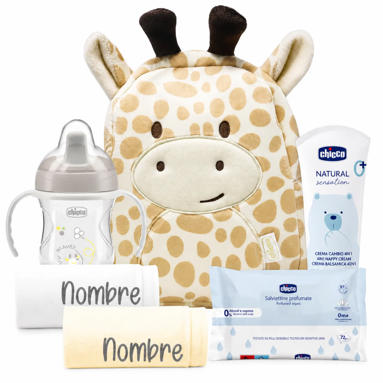 Mochila Bebé Personalizada Jirafa Chicco Con Set De Aseo