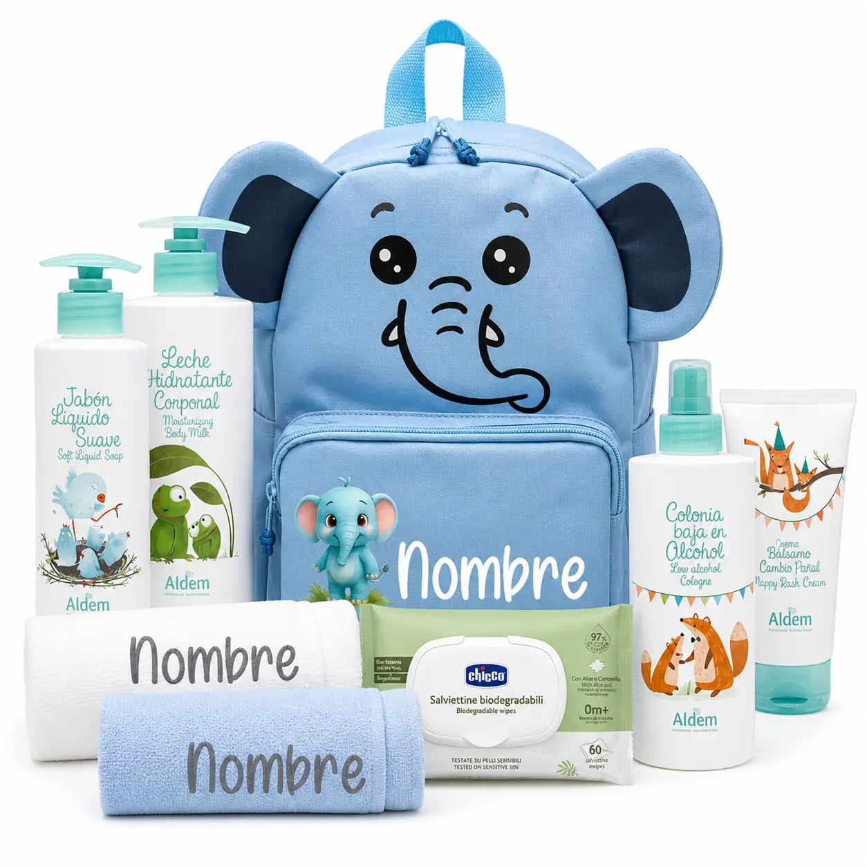 Mochila Guardería Personalizada Elefante Con Set De Bebé Y Cosmética
