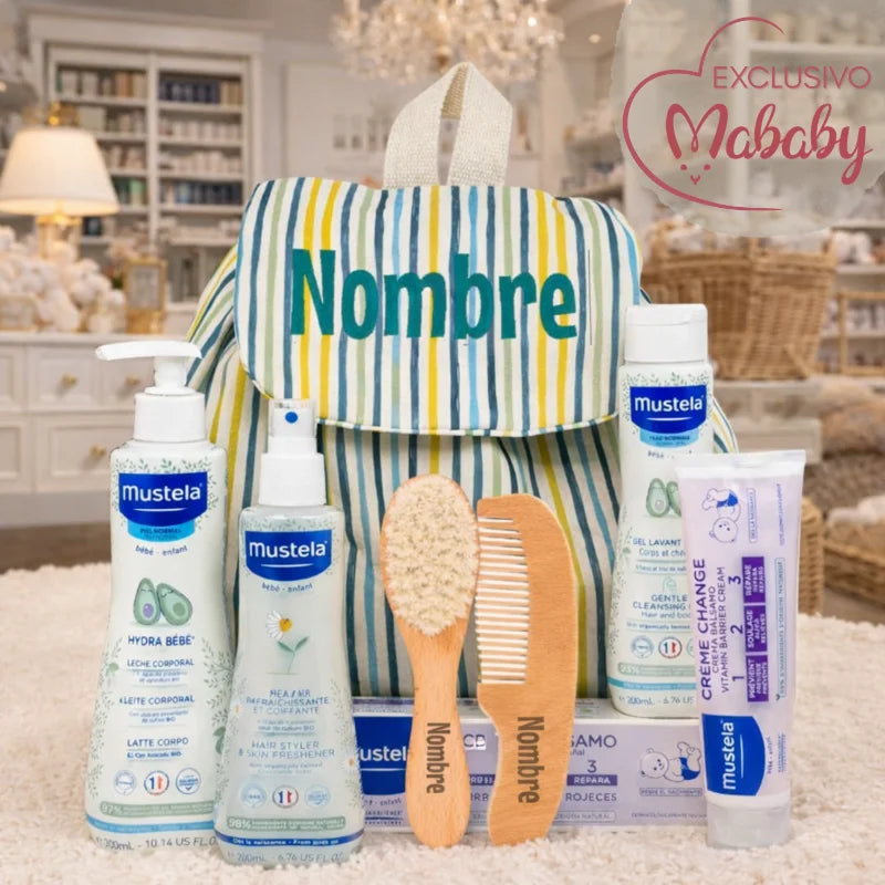 Mochila Mustela personalizada para bebé con productos Mustel