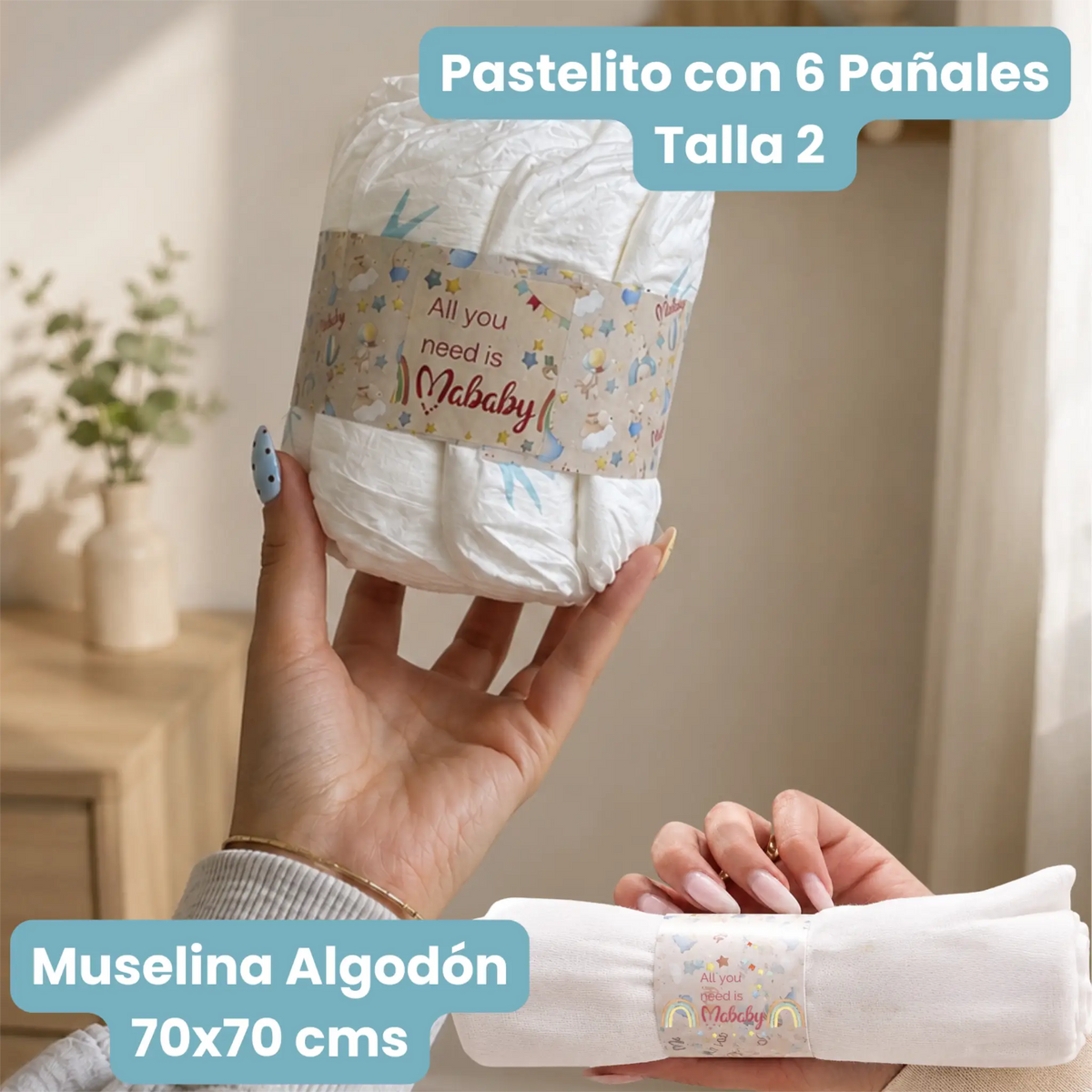 pastel de pañales ecologicos en nuestras canastillas de mabababyshop