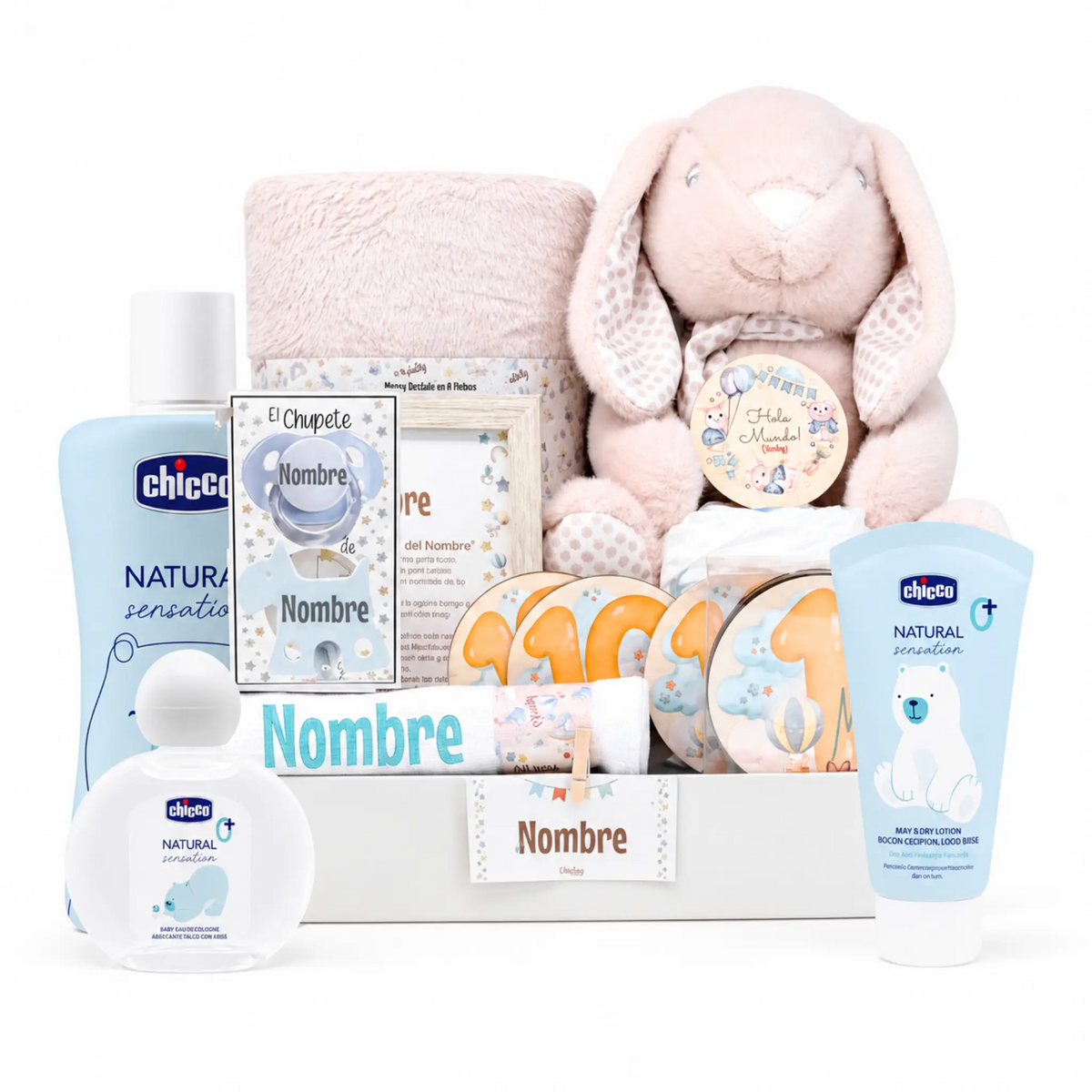 Cesta regalo bebé niña con peluche conejo rosa, productos Chicco y chupete personalizable. Ideal para nacimiento.