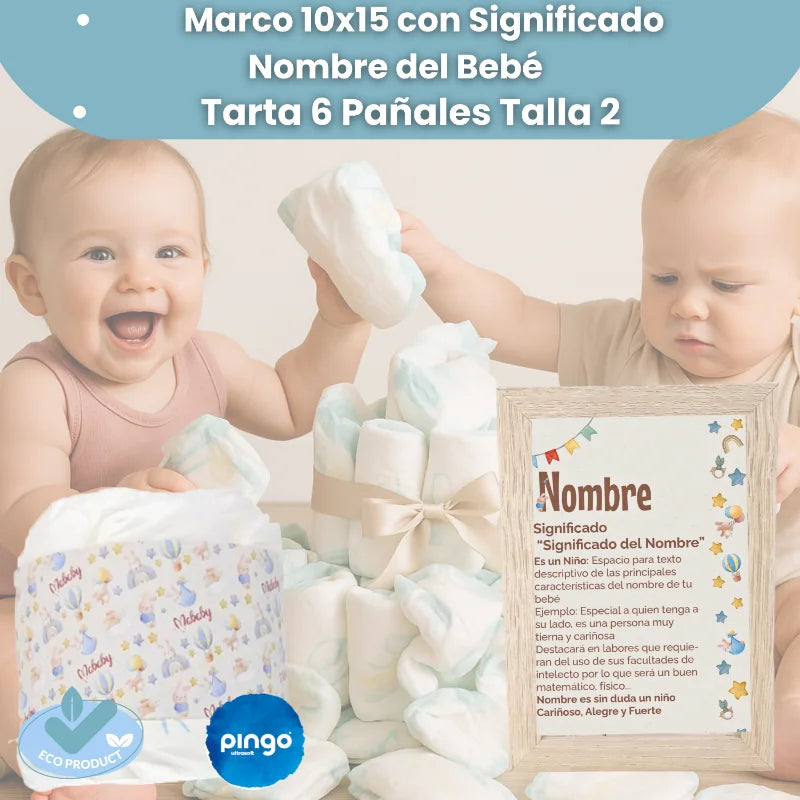 Cesta de pañales para bebé niño con marco personalizable y pañales Pingo, regalo de nacimiento ideal