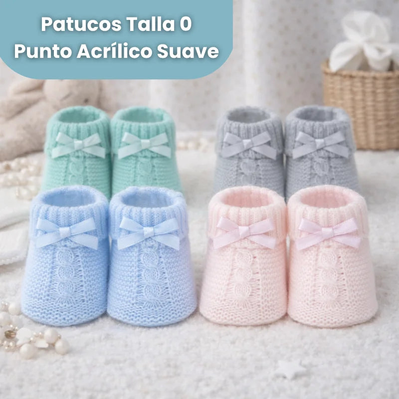 Patucos bebé talla 0 en azul niño y rosa niña, punto acrílico suave con lazo, regalo nacimiento