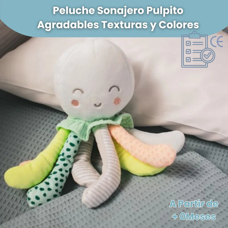 Peluche sonajero pulpito para bebé, texturas suaves y colores agradables, ideal desde 0 meses