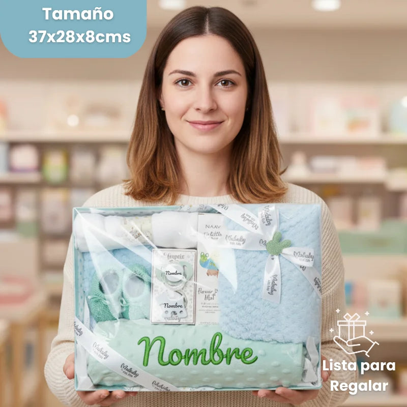 Cesta regalo bebé niño con manta, chupete y accesorios personalizables, ideal para nacimiento