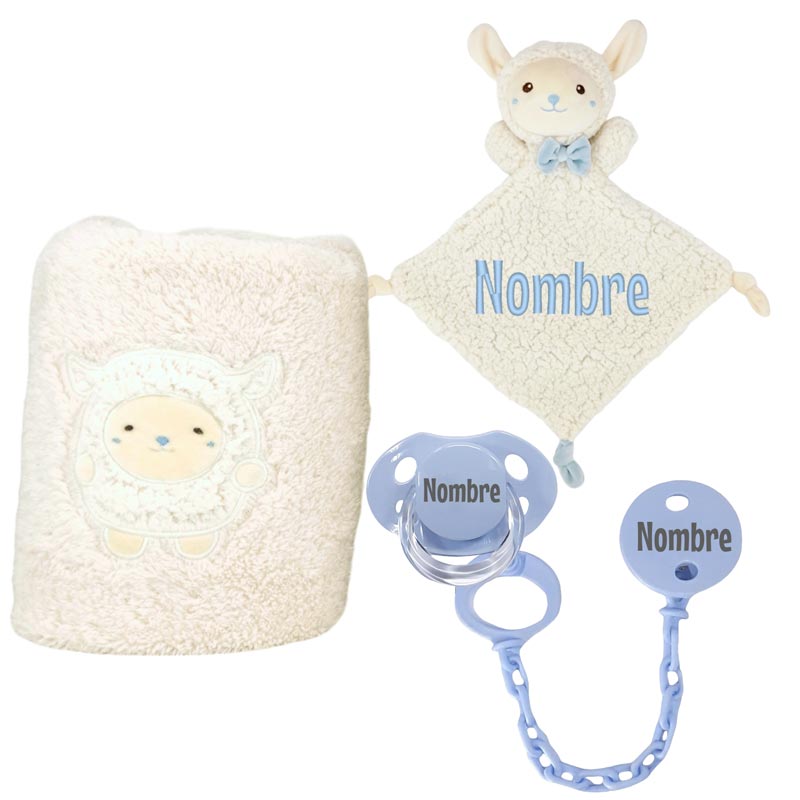 Set Manta, Dou Dou Chupe y Pinza Ovejita - Cestas y canastillas para bebes - Manta y Peluche Personalizado