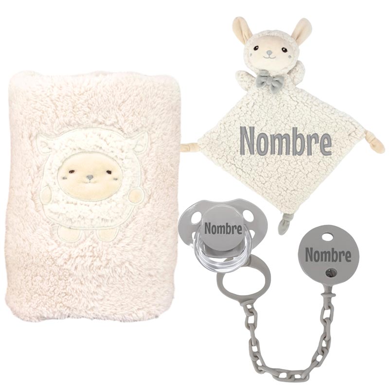 Set Manta, Dou Dou Chupe y Pinza Ovejita - Cestas y canastillas para bebes - Manta y Peluche Personalizado