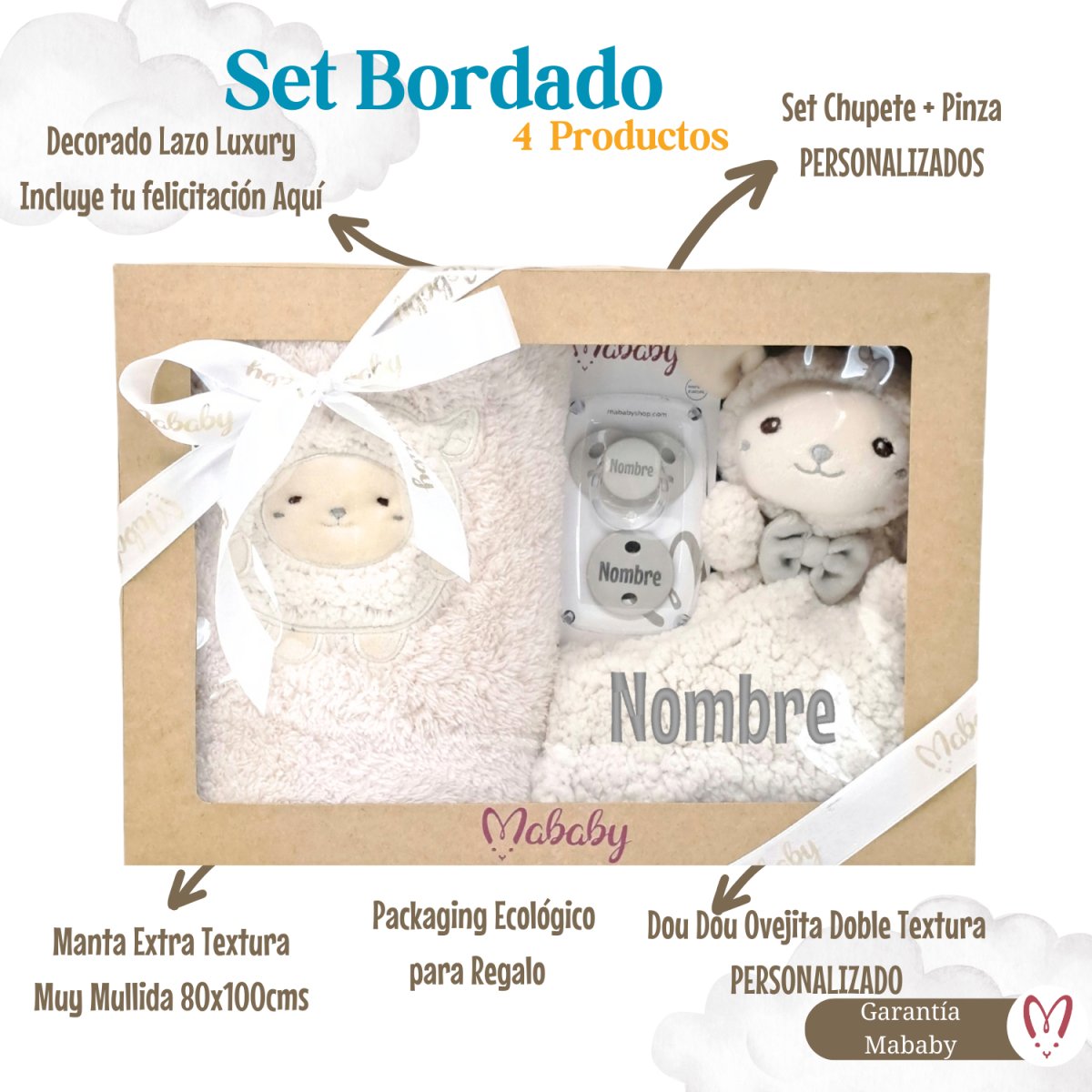 Set Manta, Dou Dou Chupe y Pinza Ovejita - Cestas y canastillas para bebes - Manta y Peluche Personalizado