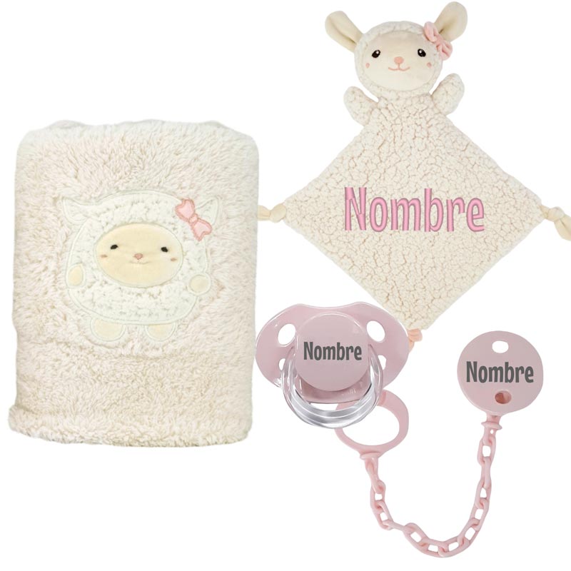 Set Manta, Dou Dou Chupe y Pinza Ovejita - Cestas y canastillas para bebes - Manta y Peluche Personalizado