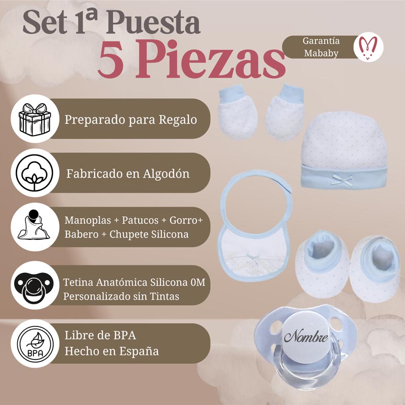 Set Primera Puesta y Chupete Personalizado - Cestas y canastillas para bebes - Canastilla Bebe Personalizada