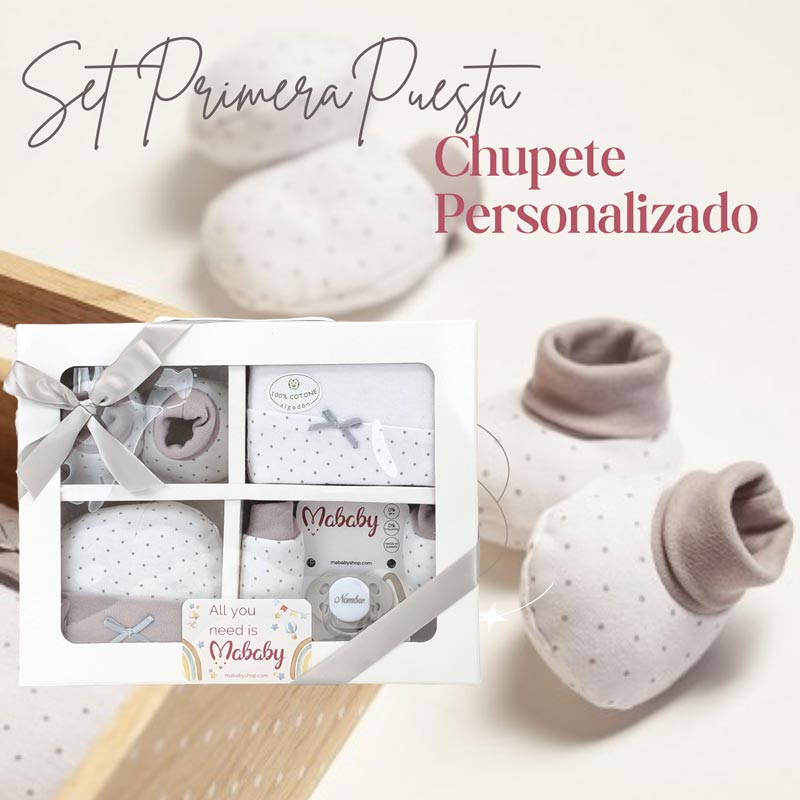 Set Primera Puesta y Chupete Personalizado - Cestas y canastillas para bebes - Canastilla Bebe Personalizada