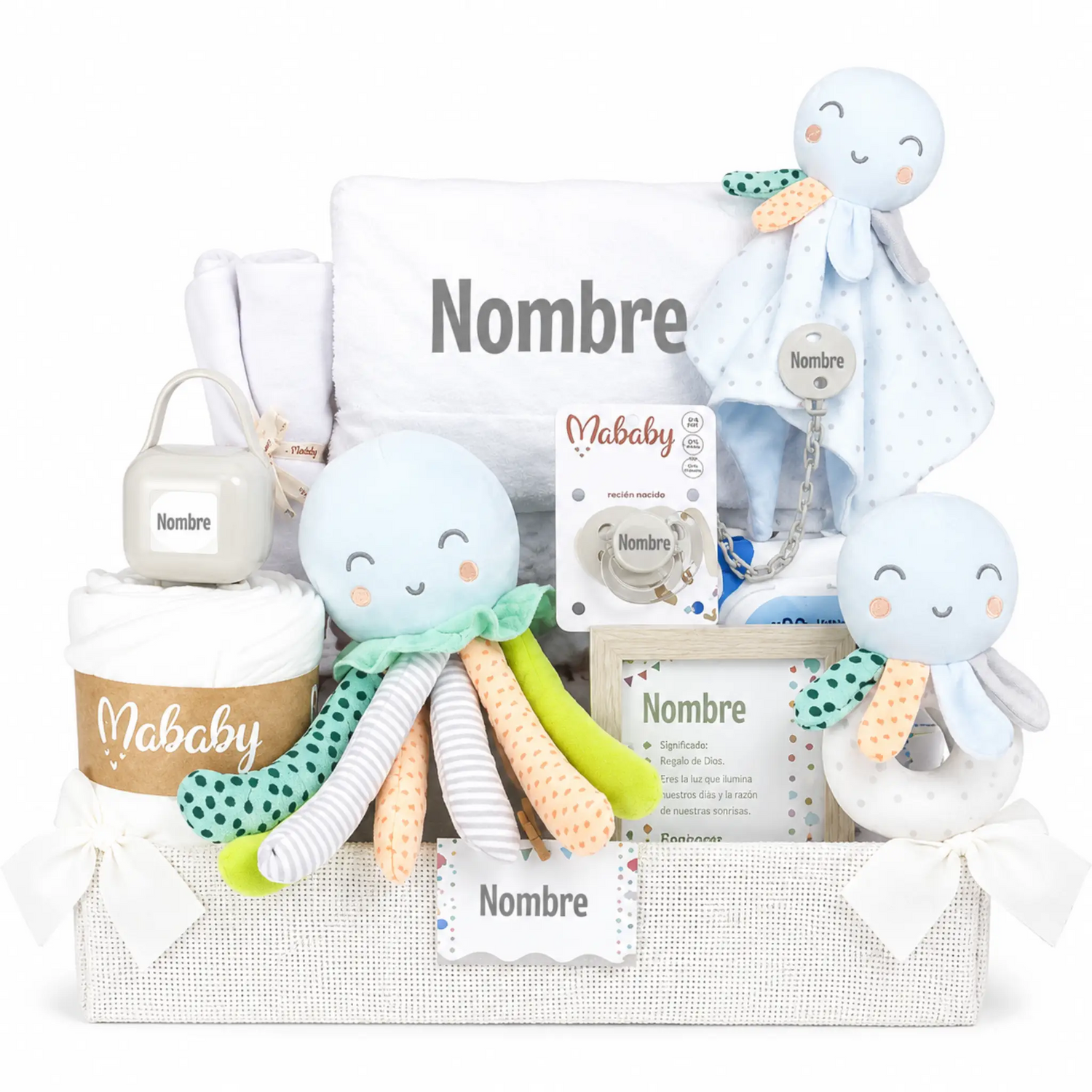 Cesta Para Bebé Personalizada Squishy Pulpito Con Chupete Y Manta