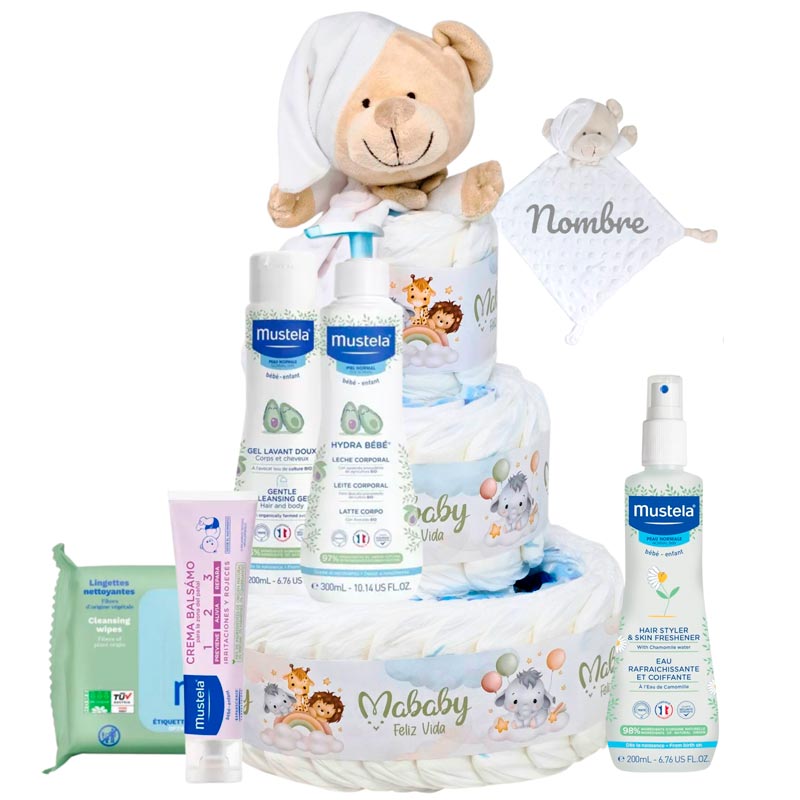 Tarta Pañales Mustela - Cestas y canastillas para bebes | Mababyshop - tarta pañales