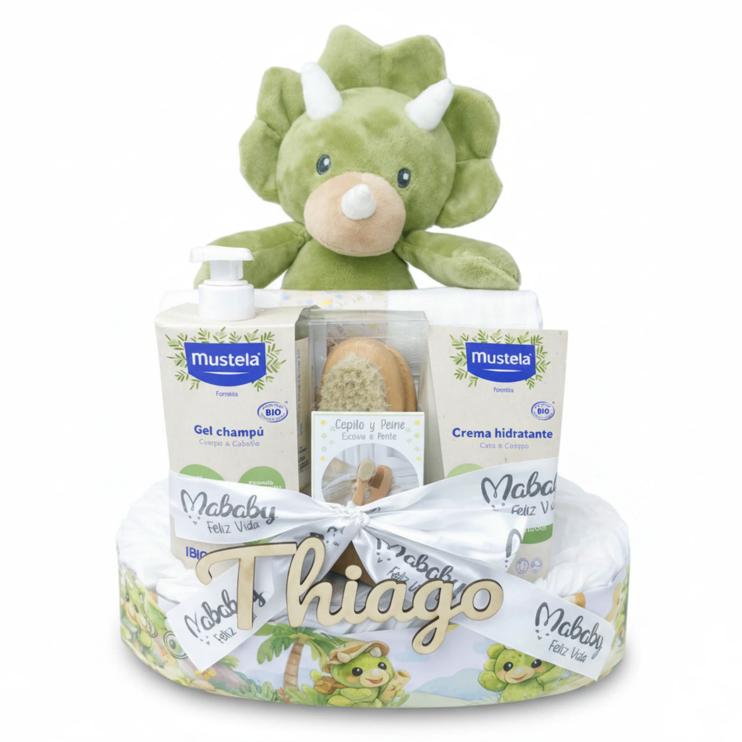 Tarta De Pañales Personalizada Dino Con Nombre Para Bebé