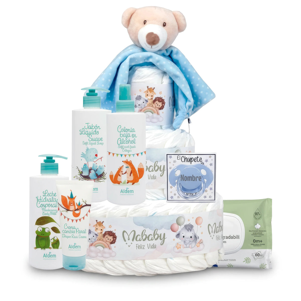 Cesta regalo bebé niño con osito, pañales, productos de higiene y chupete personalizable, ideal para nacimiento