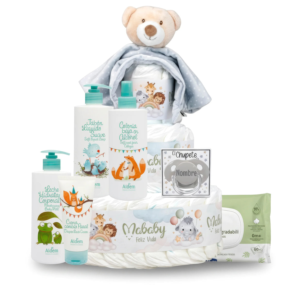 Cesta regalo para bebé niño con osito, pañales, cremas y chupete personalizable, ideal para nacimiento