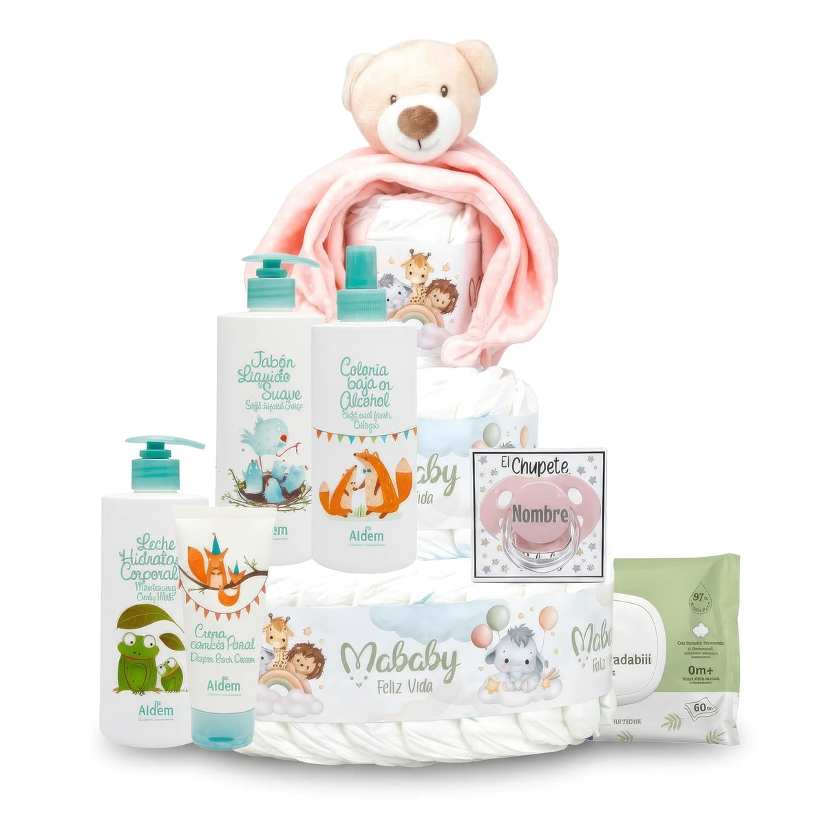 Canastilla bebé niña con peluche, pañales, productos de higiene y chupete personalizable. Regalo nacimiento ideal.