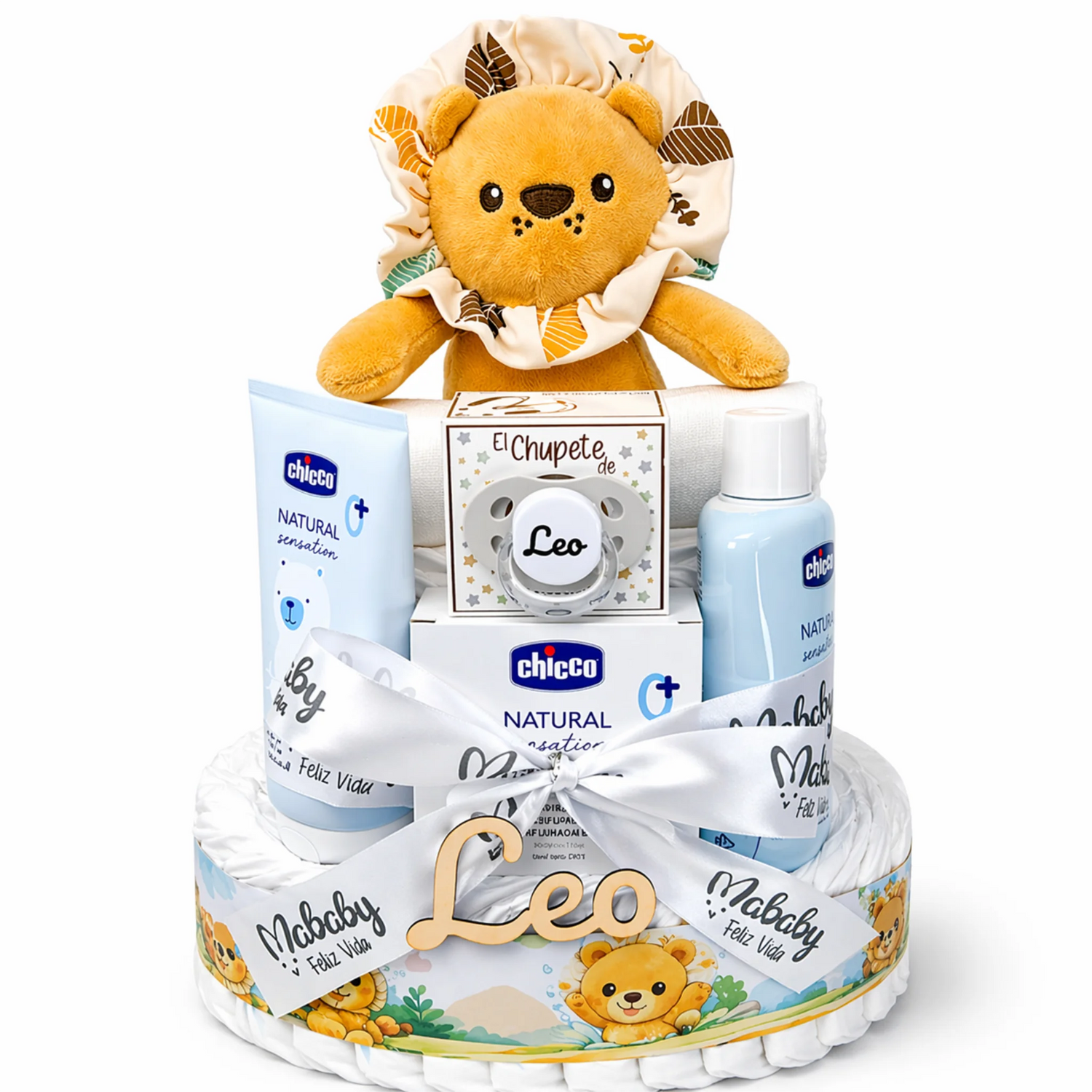 Tarta De Pañales Personalizada León Con Peluche Para Bebé