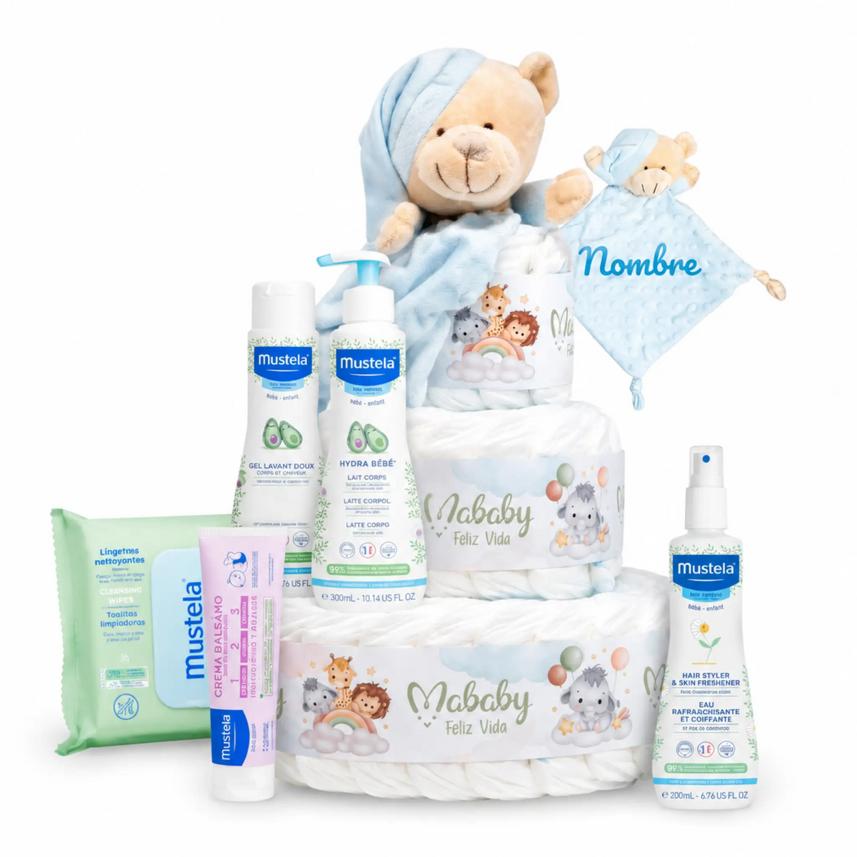 Set regalo nacimiento niño con cesta de pañales, peluche y productos Mustela, ideal para bebé recién nacido