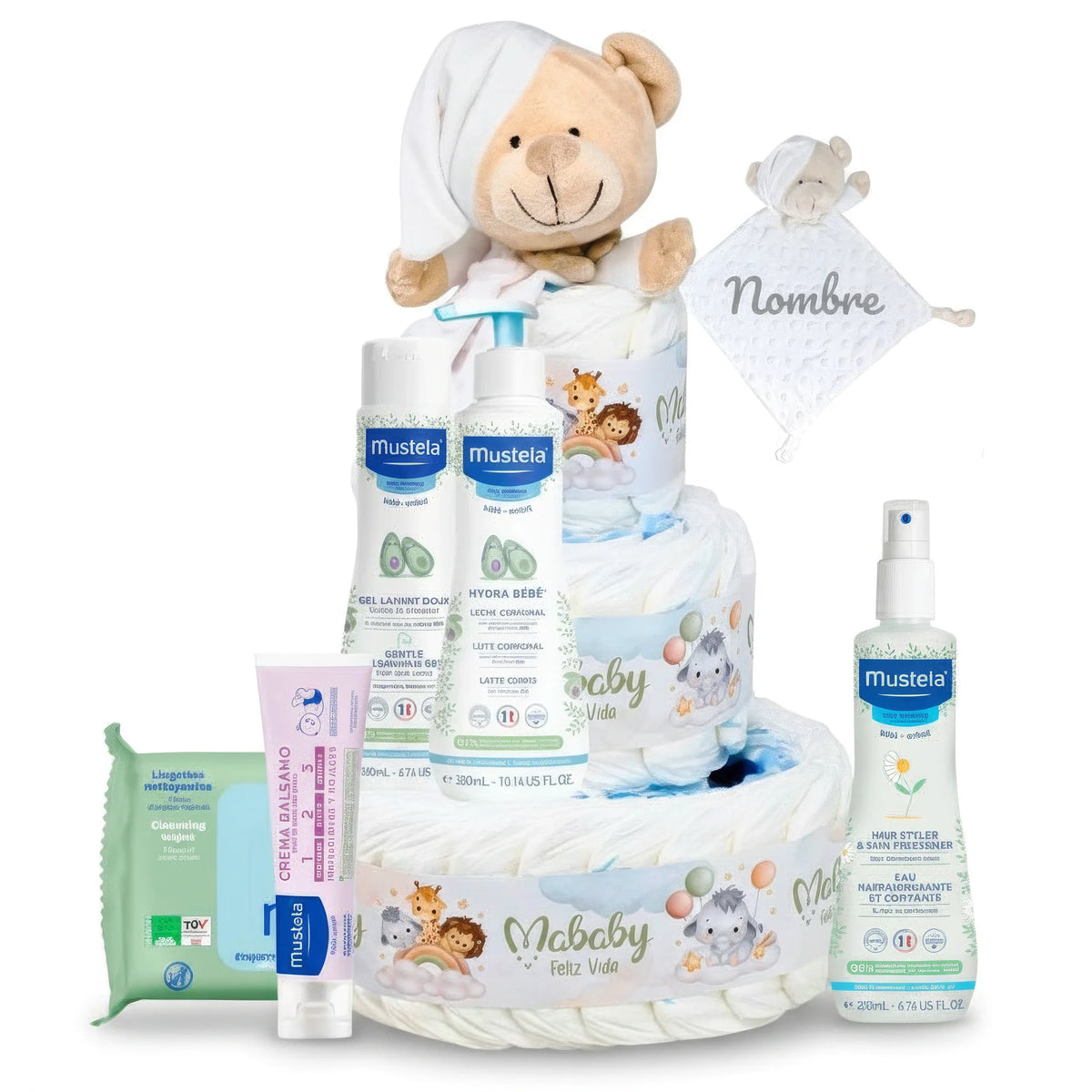 Cesta de pañales para bebé niño con osito, productos Mustela y manta personalizable, regalo nacimiento