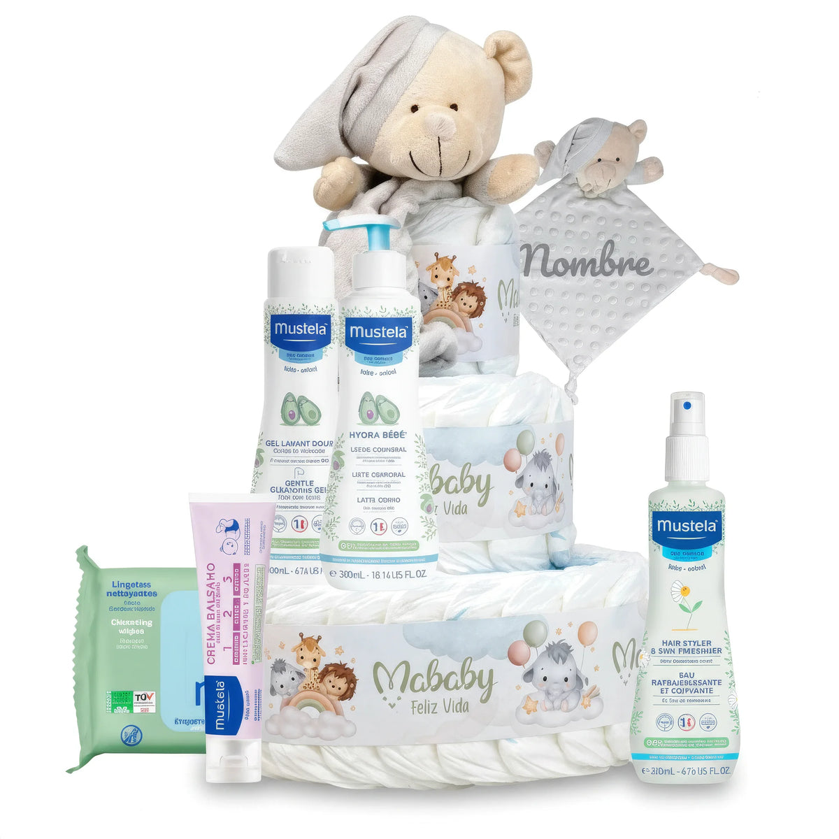 Canastilla bebé niño con pañales, peluche y productos Mustela. Regalo nacimiento personalizable.