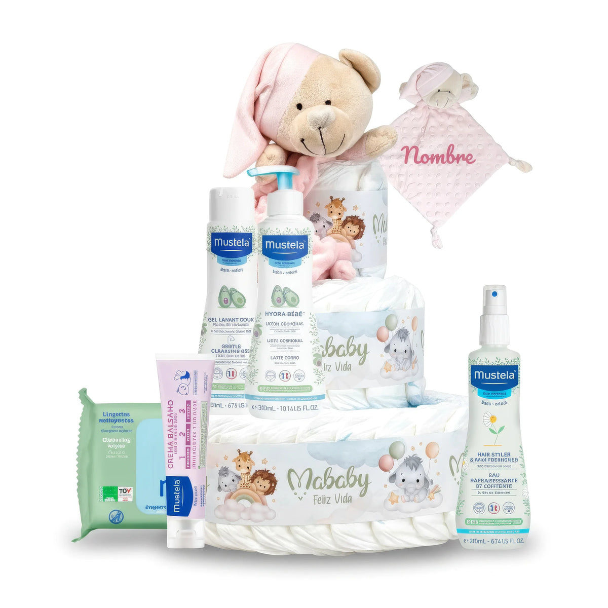 Cesta de regalo para bebé niña con pañales, peluche rosa, productos Mustela y manta personalizable. Ideal para nacimiento.