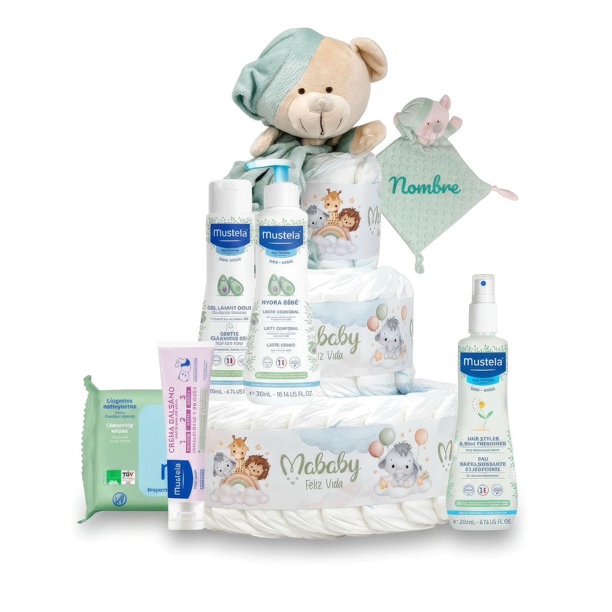 Cesta regalo para bebé niño con pañales, peluche, productos Mustela y manta personalizable, ideal para nacimiento