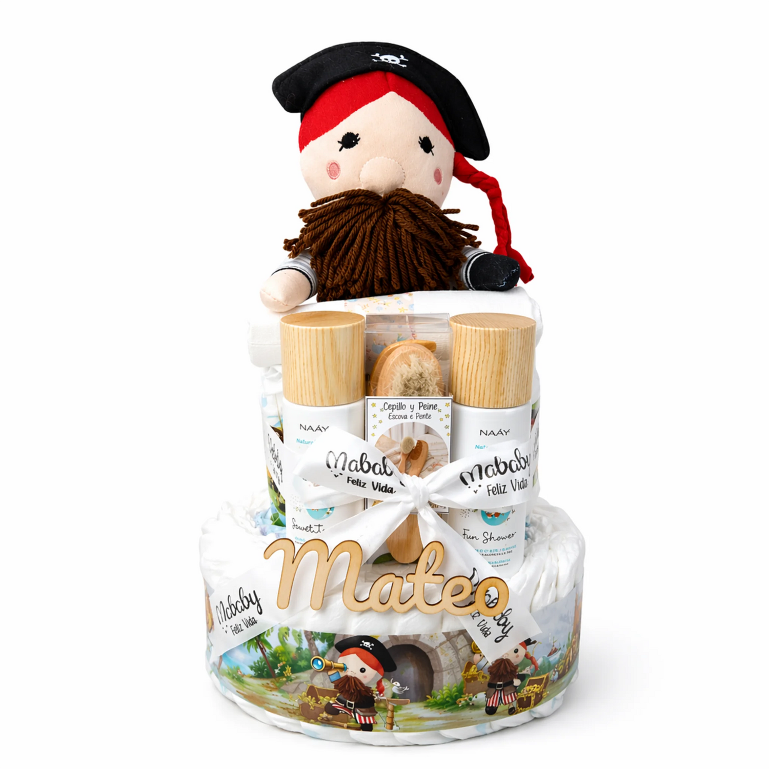 Tarta De Pañales Pingo Personalizada Mi Pirata Con Peluche Para Bebé