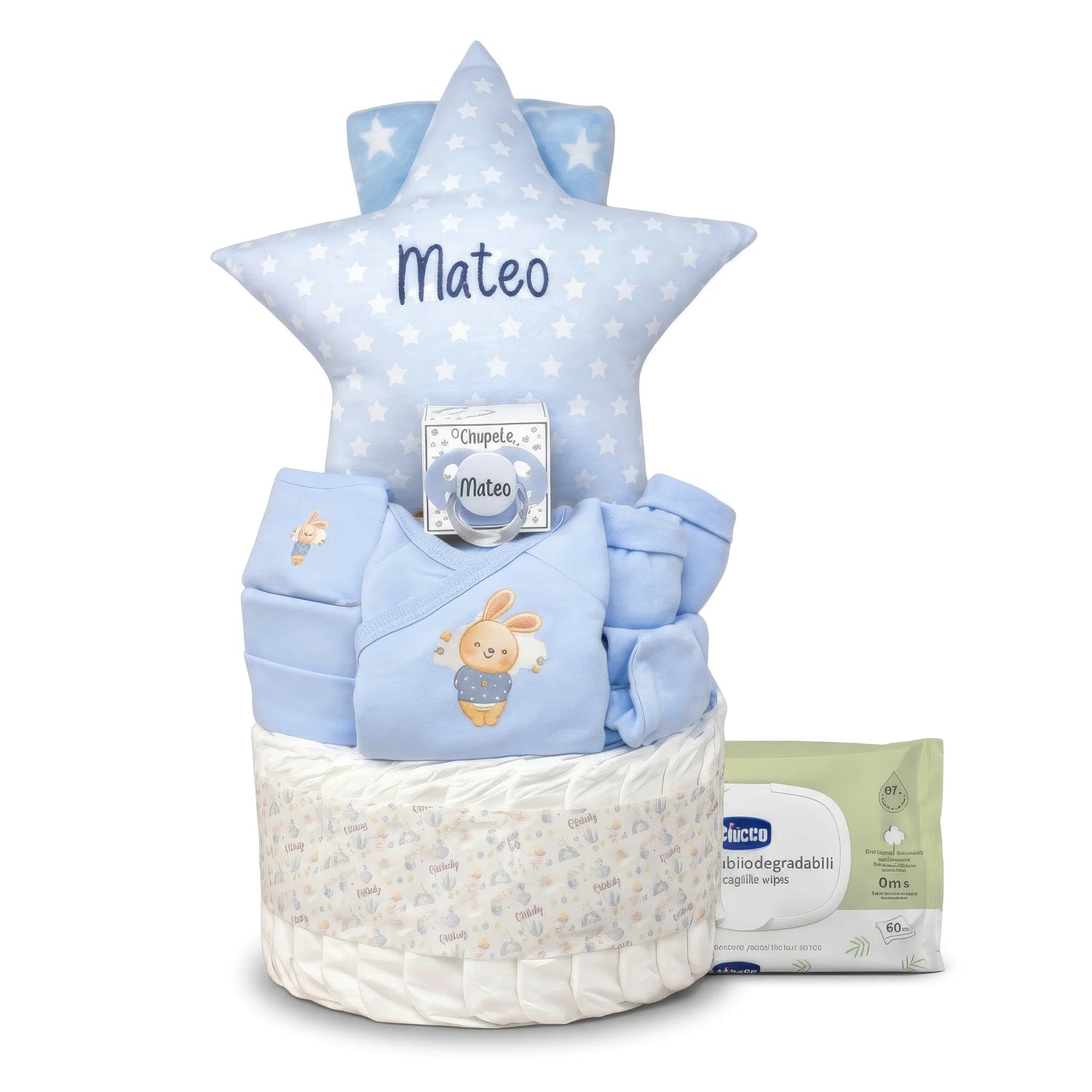 Tarta De Pañales Personalizada Stars Con Cojín Bordado Para Bebé