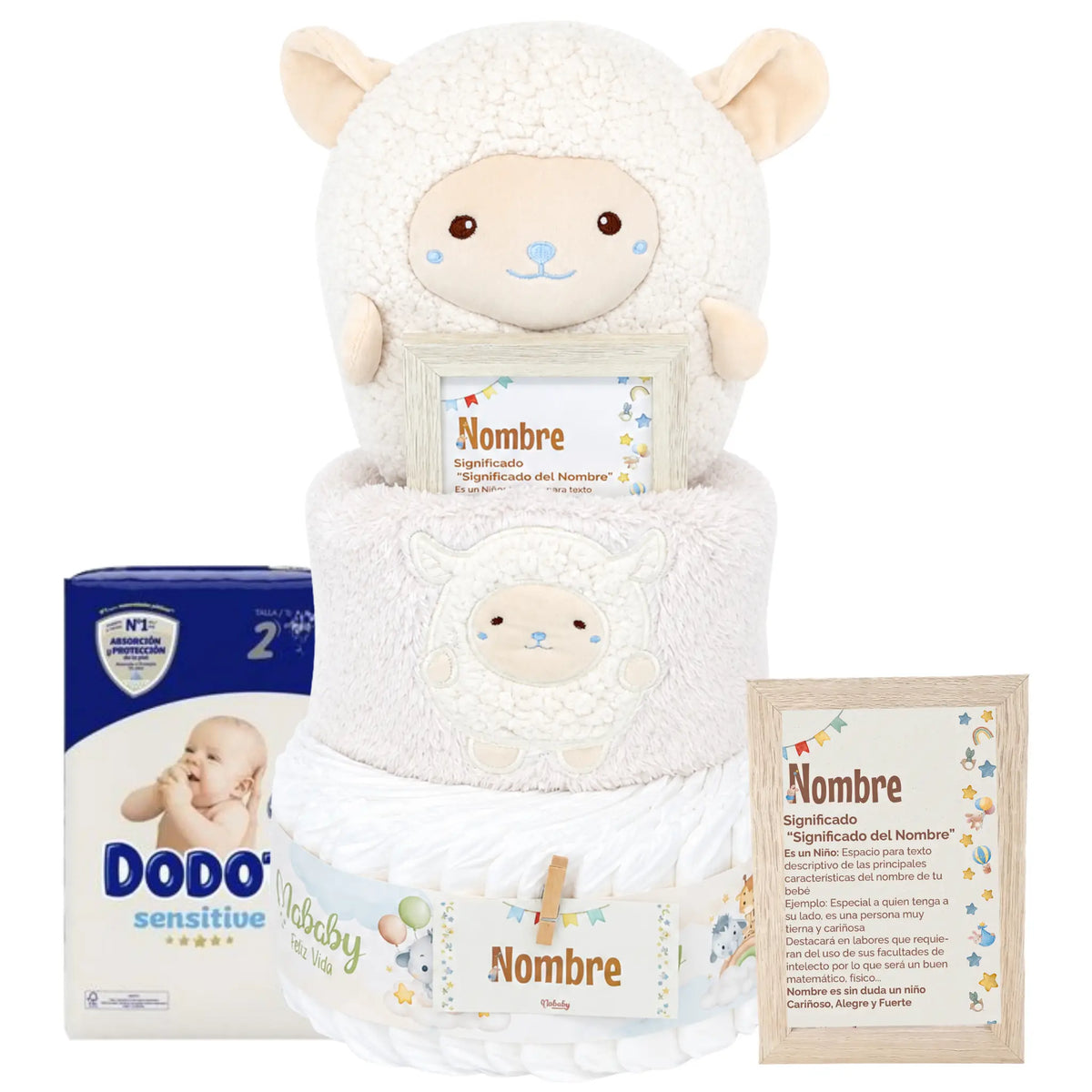 tarta de pañales niño con peluche ovejita suave