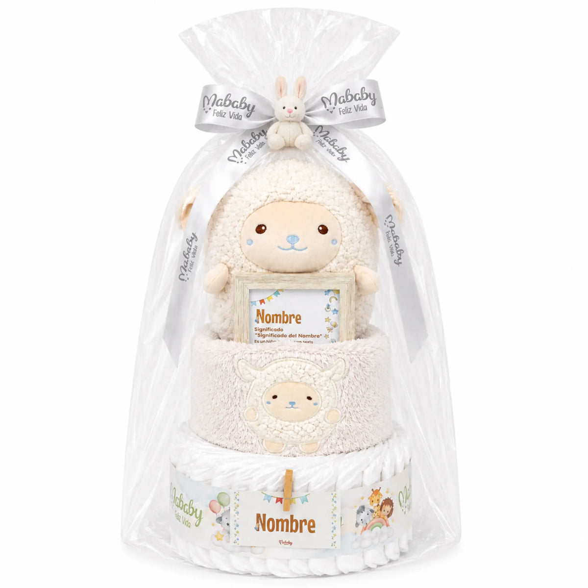tarta pañales bebé niño con peluche supersoft ovejita