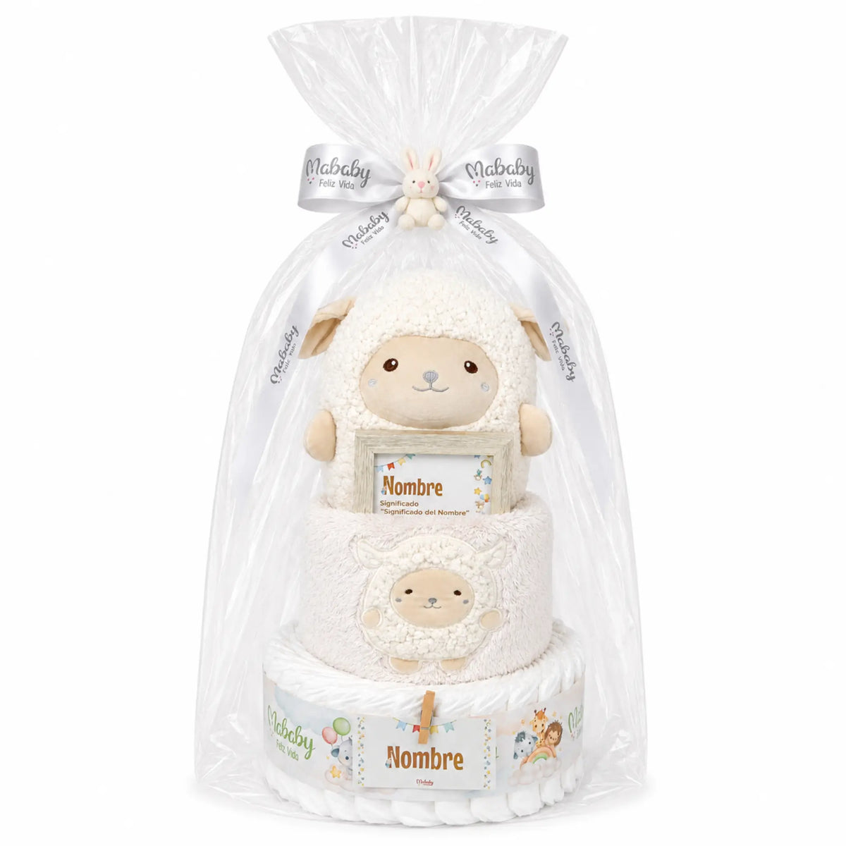 tarta de pañales unisex con manta sherpa y lazo