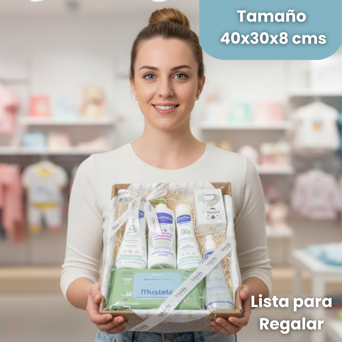 Cesta regalo bebé con productos Mustela, ideal para lista de nacimiento y regalo de bienvenida