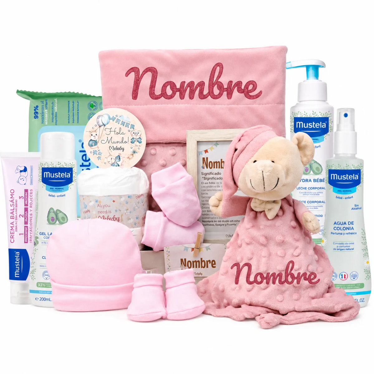 Cesta de bienvenida para bebé niña con productos Mustela, manta y peluche personalizable, ideal regalo nacimiento