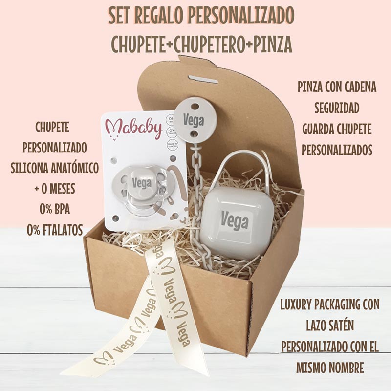 Set Chupete, Pinza y Guardachupete Personalizado - Cestas y canastillas para bebes-Chupete personalizado