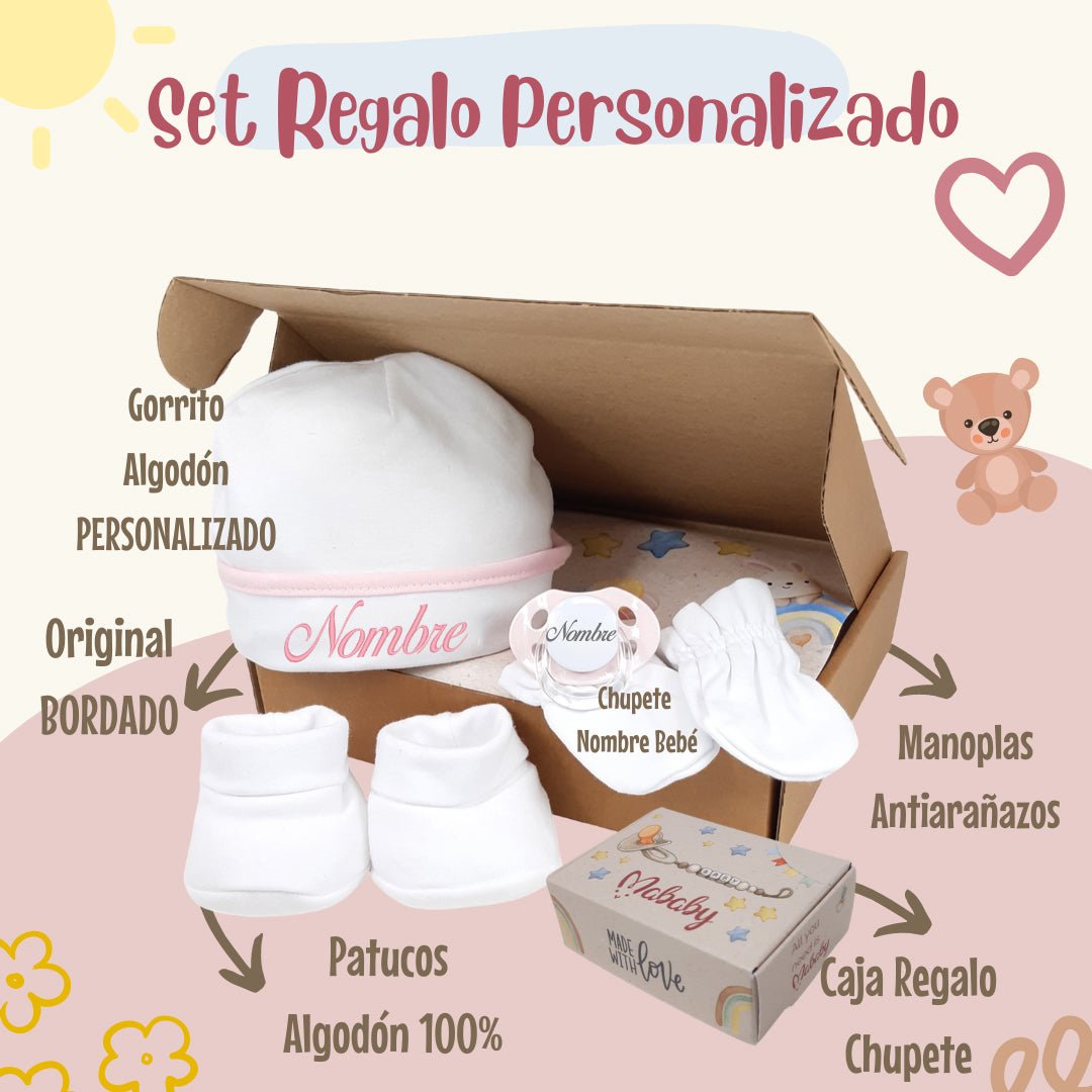 Set de Gorrito y Chupete Personalizado - Cestas y canastillas para bebes-Set primera Puesta