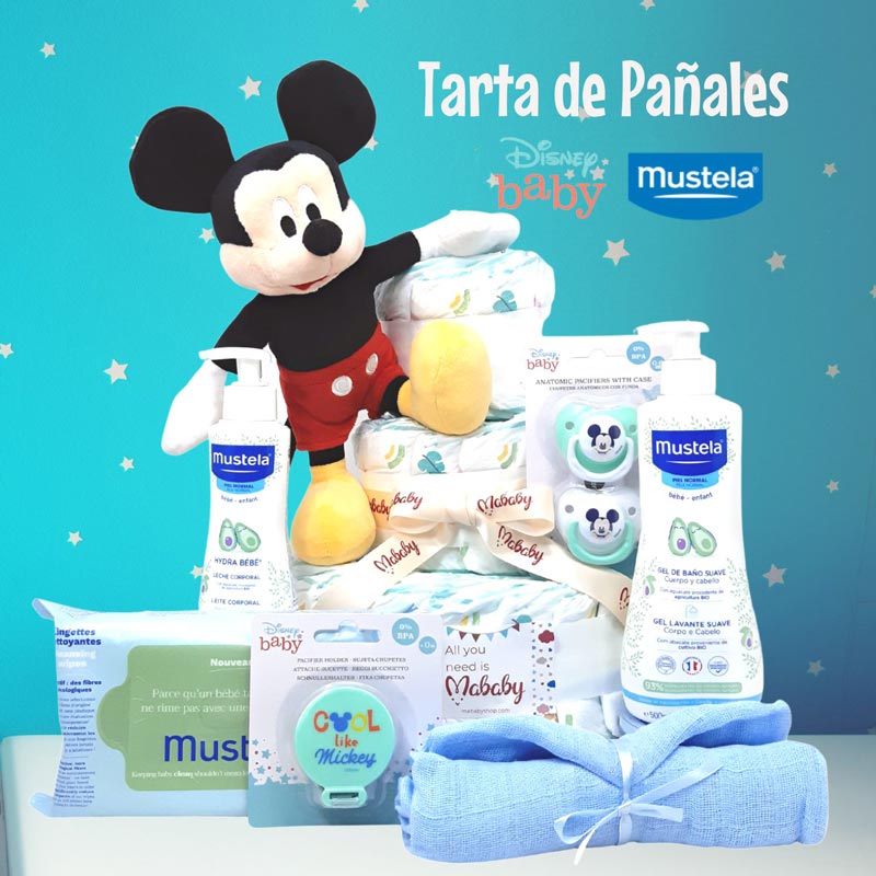 Tarta Pañales Disney y Mustela - Cestas y canastillas para bebes-Tarta Pañales